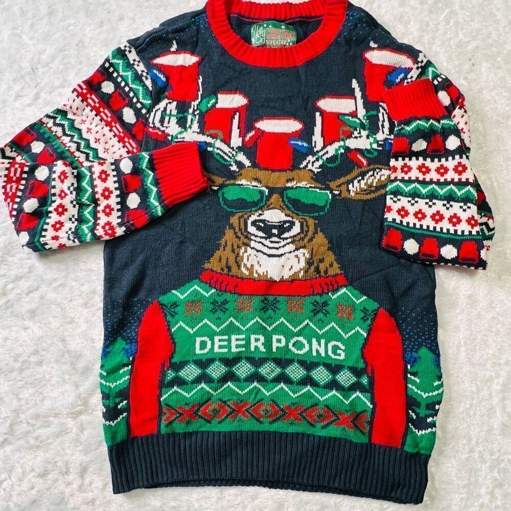 Ugly Christmas Sweater Womens Red Green Deer Pong Holiday Sweater Sz Small NWOT